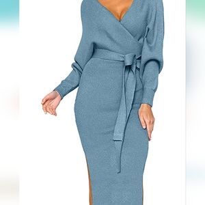 Sweater Dresses Batwing Long Sleeve Backless Bodycon Blue Size L